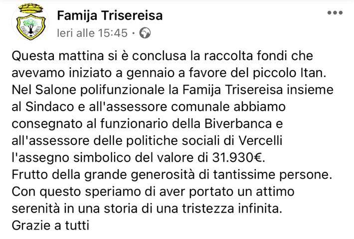 Vercelli, bimbo resta orfano raccolti fondi per 32 mila euro