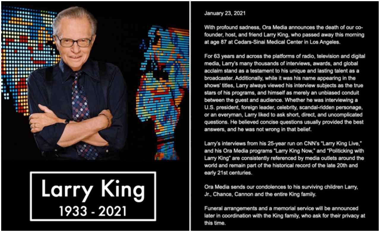 Larry King - L'annuncio della morte del conduttore su Twitter