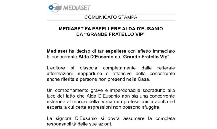 Comunicato Mediaset - Alda d'Eusanio