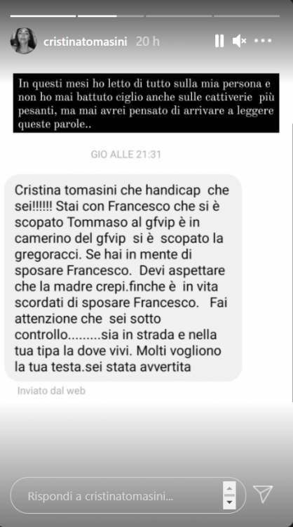 Cristina Tomasini minacce social Oppini