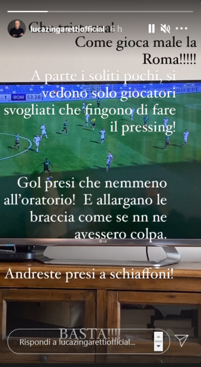 Luca Zingaretti sfogo Instagram partita Roma-Sassuolo