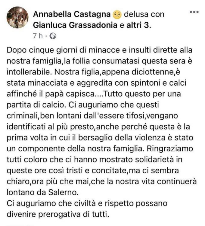 Post sfogo Annabella Castagna (facebook) 